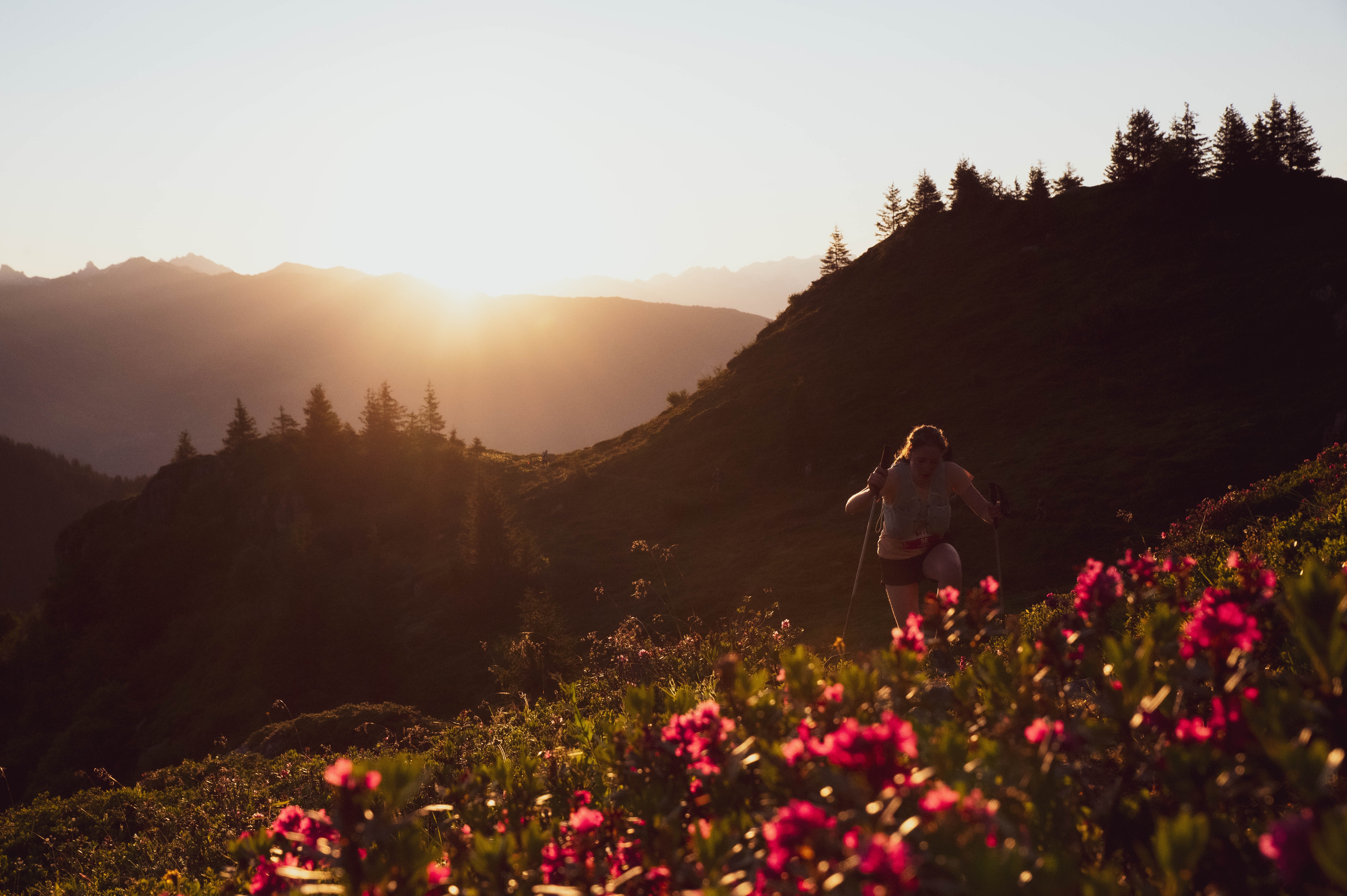 Coureuse au coucher de soleil sur les pentes fleuries — Mad'Trail Valmorel